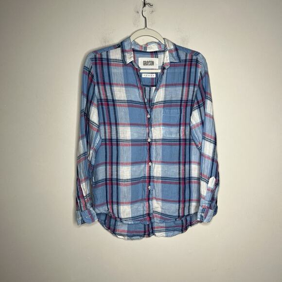 Grayson The Hero Shirt Womens Small Blue Plaid Linen Button Up Casual Preppy - Picture 1 of 10